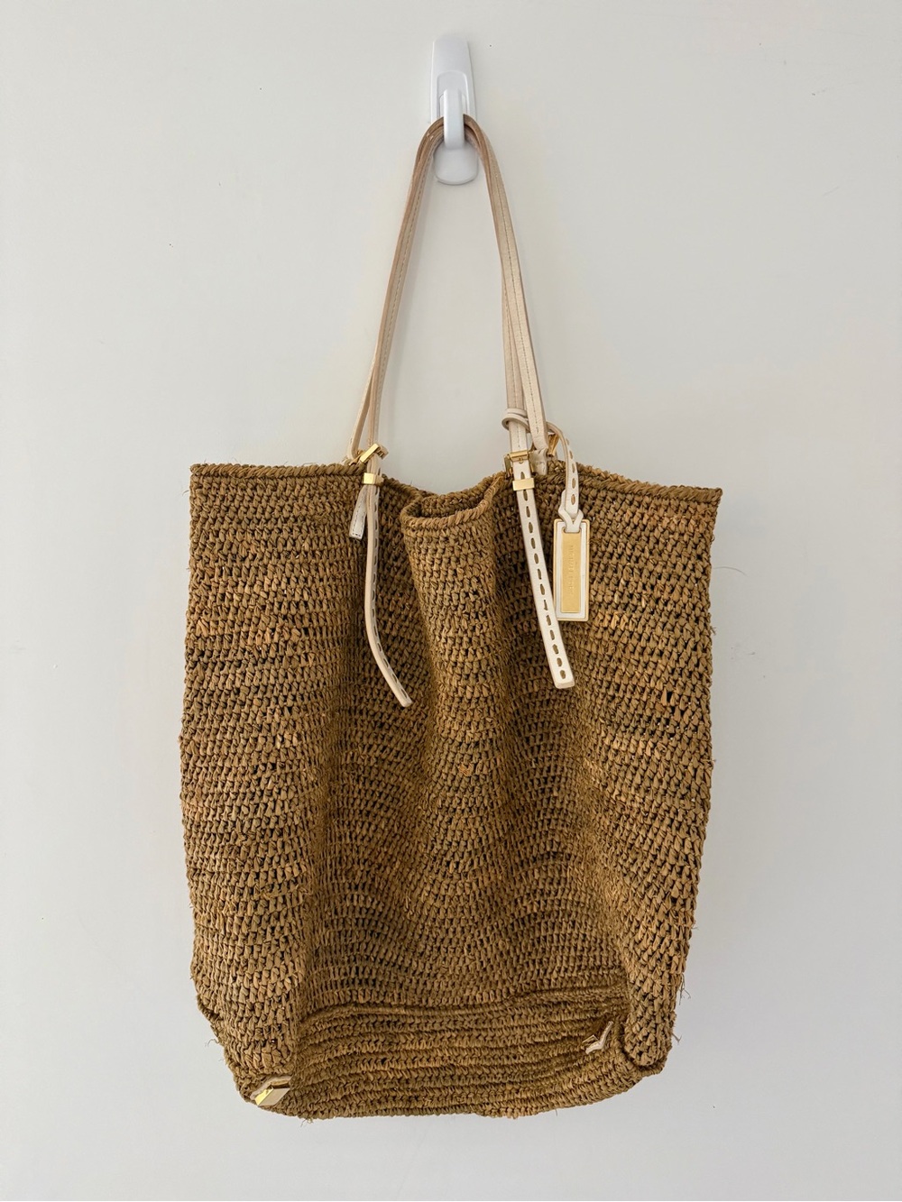 Michael Kors Brown Straw Tote with Cream Leather Handles